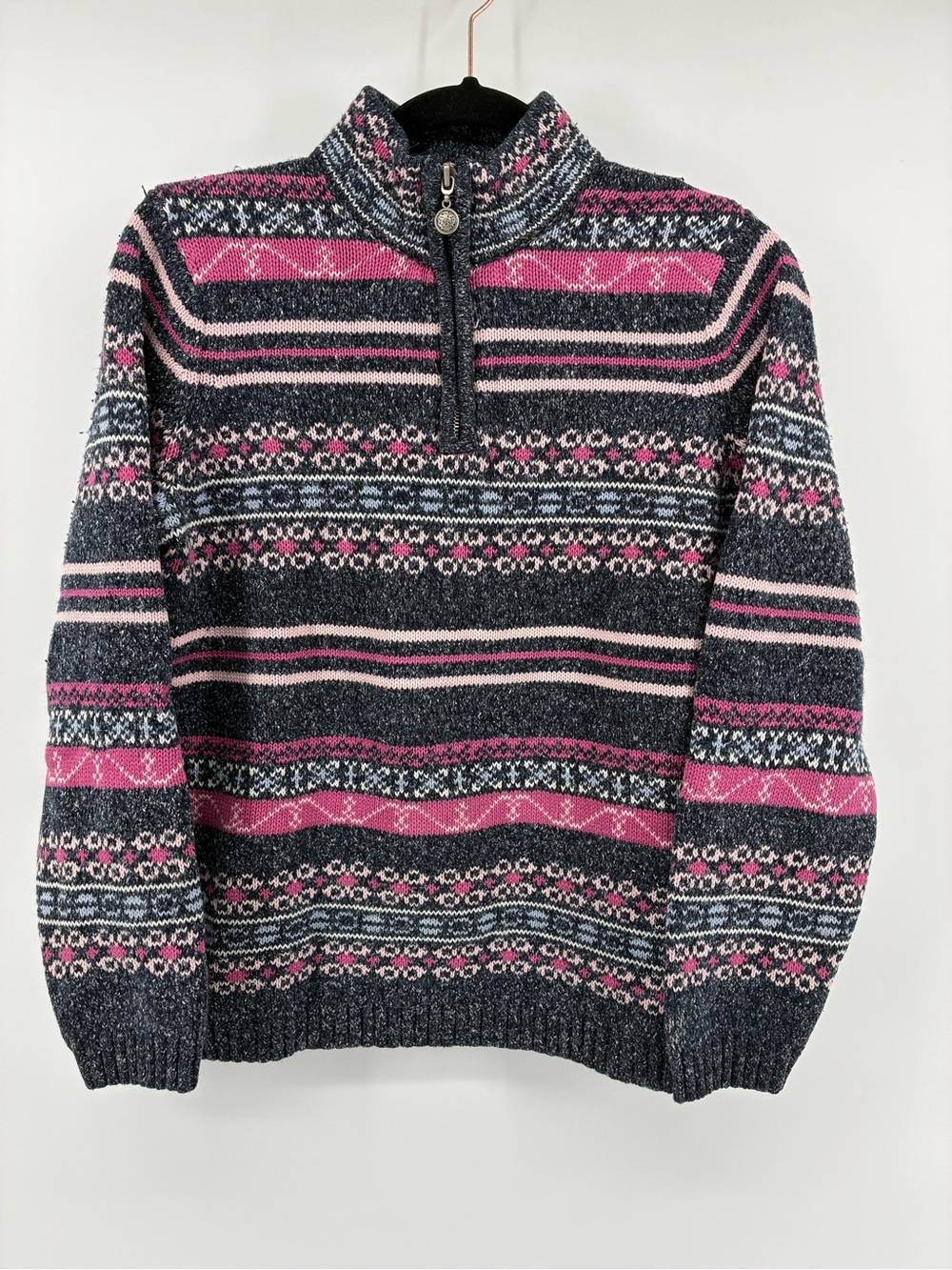Northern Reflections Nordic Women's Pink & Charcoal Patterned Full-Zip Sweater